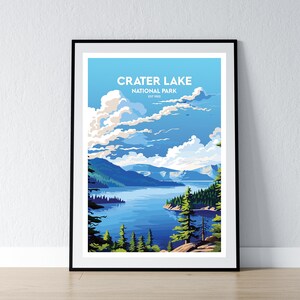 Póster del Parque Nacional del Lago del Cráter. Impresión minimalista del Parque Nacional del Lago del Cráter. Decoración del hogar. Arte de pared. Regalo de viaje. WPA.