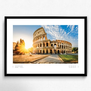 May include: A panoramic view of the Colosseum in Rome, Italy, with a bright sunrise in the background. The ancient Roman amphitheater is a popular tourist destination.