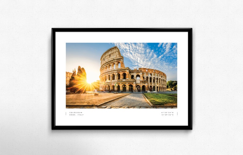 May include: A panoramic view of the Colosseum in Rome, Italy, with a bright sunrise in the background. The ancient Roman amphitheater is a popular tourist destination.