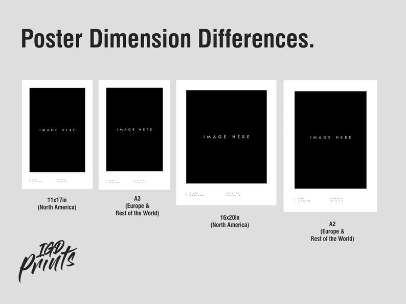 May include: A graphic showing the different sizes of posters available for purchase. The sizes are 11x17 inches (North America), A3 (Europe & Rest of the World), 16x20 inches (North America), and A2 (Europe & Rest of the World). The text "IGD Prints" is at the bottom of the graphic.