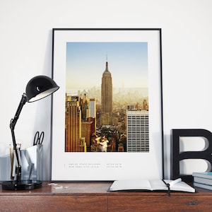 Impresión de Nueva York, cartel de Nueva York, edificio Empire State, arte de pared de Nueva York, blanco y negro de Nueva York, coordenadas de Nueva York, viaje de Nueva York