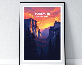 May include: Framed art print featuring a vibrant sunset over Yosemite National Park. The artwork showcases towering rock formations, a waterfall, and silhouetted trees under a fiery sky. The text "YOSEMITE NATIONAL PARK" is displayed at the top.