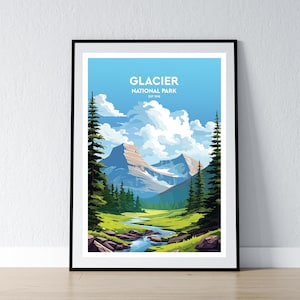 Póster del Parque Nacional Glaciar, impresión del Parque Nacional Glaciar, póster minimalista, decoración del hogar, arte de pared, regalo de viaje, WPA