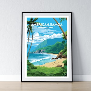 Póster del Parque Nacional de Samoa Americana. Impresión minimalista del Parque Nacional de Samoa Americana. Decoración del hogar. Arte de pared. Regalo de viaje. WPA.