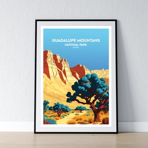 Póster del Parque Nacional de las Montañas de Guadalupe. Impresión minimalista. Decoración del hogar. Arte de pared. Regalo de viaje. WPA.