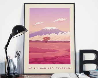 Mt Kilimanjaro Vintage Poster - Tanzania, Volcano, Mountain, Print, Wall Art, Minimal, Travel, Decor, Wanderlust, Interior Design, Retro