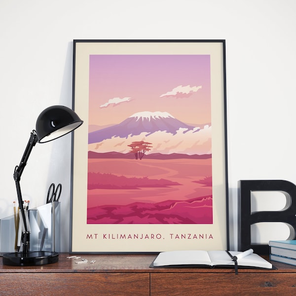 Mt Kilimanjaro Vintage Poster - Tanzania, Volcano, Mountain, Print, Wall Art, Minimal, Travel, Decor, Wanderlust, Interior Design, Retro
