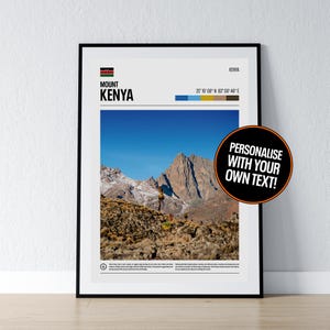 Poster del Monte Kenya, arte murale del Monte Kenya, coordinate del Monte Kenya, stampa fotografica dell'Africa, poster regalo di viaggio in Kenya, decorazione da parete per la casa