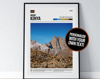 Puede incluir: Póster enmarcado del Monte Kenia, que muestra un paisaje montañoso bajo un cielo azul claro. El póster incluye el texto "Mount Kenya" y "Kenya", junto con coordenadas. Un círculo dice "¡Personaliza con tu propio texto!"