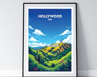 Hollywood Poster Los Angeles Print California Wall Art Gift Travel Poster Print Home Wall Decor Illustration