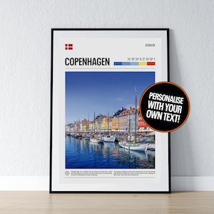 Póster de Copenhague, arte mural de Copenhague, coordenadas de Copenhague, impresión fotográfica de Dinamarca, póster de regalo de viaje danés, impresión, decoración de pared para el hogar