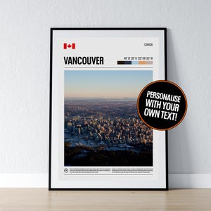May include: A framed print showing the Vancouver skyline, Canada, with the city's name and geographical coordinates. The Canadian flag is in the top left. A circular graphic says "PERSONALISE WITH YOUR OWN TEXT!"