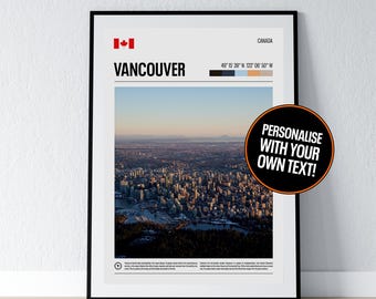 May include: A framed print showing the Vancouver skyline, Canada, with the city's name and geographical coordinates. The Canadian flag is in the top left. A circular graphic says "PERSONALISE WITH YOUR OWN TEXT!"