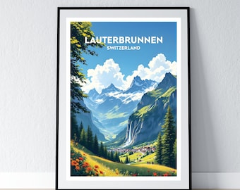 May include: A framed art print featuring a scenic view of Lauterbrunnen, Switzerland. The artwork depicts a valley with a waterfall, mountains, and a village under a blue sky with clouds. The print has a black frame and is displayed against a white wall.