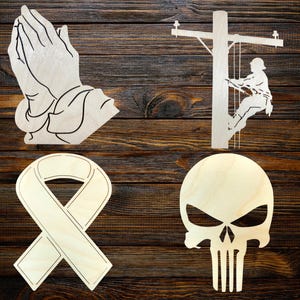 5'' - 14'' / Mains en prière / Monteur de lignes / Ruban Cancer / Crâne Punisher / Logo en bois