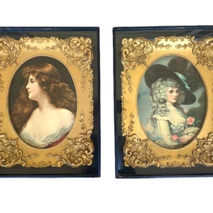 Antique Victorian Art, Chromolithograph Portrait, Set of Two, Gilt Framed in Glass Shadowbox
