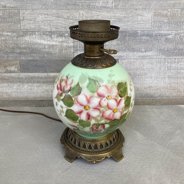 Gone with the Wind Lamp Base, No Shade, Green with Pink Wild Roses, FREE SHIPPING