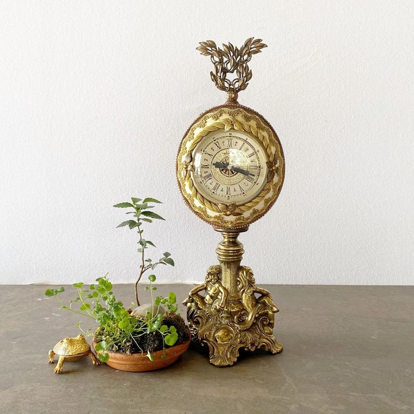 Vintage Pedestal Clock, Ornate Ostrich Egg with Brass Cherub Base