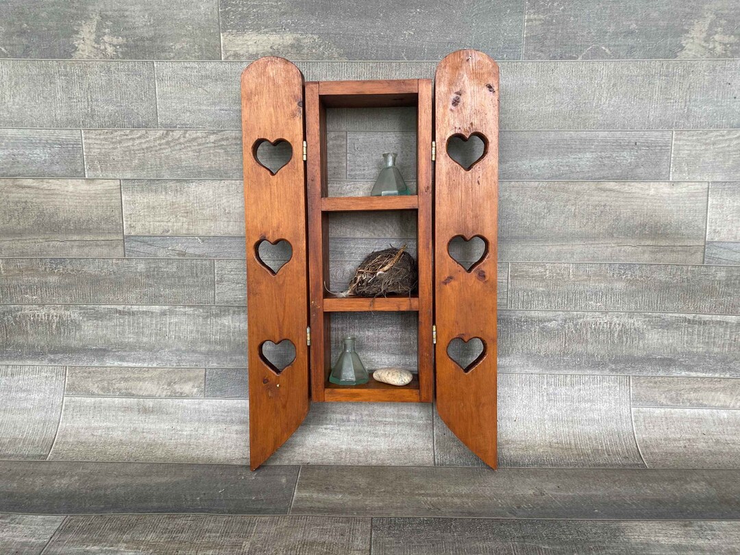 Wooden Wall Shelf With Doors Heart Cutouts Country Decor Etsy