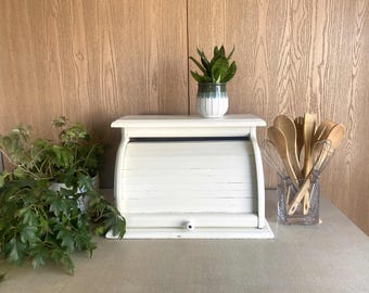 Vintage White Wooden Bread Box with Tambour Front, FREE SHIPPING