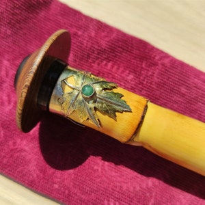 Ney flute / Turkish Ney flute for  professional players!!Maple leaf Alpaca silver & brass ring with Jade stone! Hammered brass bottom ring!