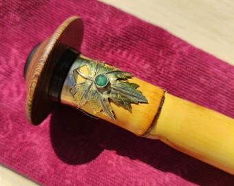 Ney flute / Turkish Ney flute for  professional players!!Maple leaf Alpaca silver & brass ring with Jade stone! Hammered brass bottom ring!