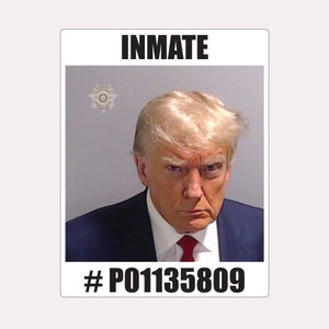 May include: A mugshot-style image featuring a man in a dark suit and red tie. The word "INMATE" is printed above the image, and the number "# P01135809" is below. The man has blonde hair and a stern expression.