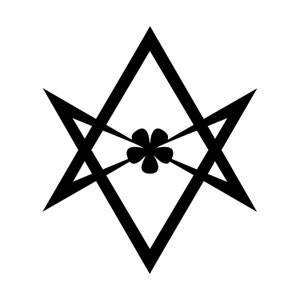 May include: A black and white geometric design with a four-pointed star shape and a four-leaf clover in the center.