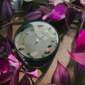 May include: A round, green candle in a black tin, adorned with small pink and clear crystals, and flecks of gold. The candle sits on a wooden surface, surrounded by vibrant purple and green foliage.