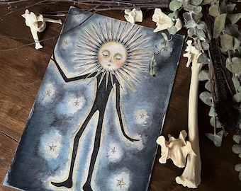 May include: A watercolour painting of a stylised sun with a human-like body and a face. The sun is surrounded by stars on a dark blue background.