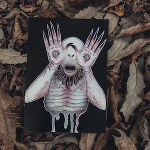 May include: A black and white illustration of a creature with a pale, fleshy body and long, spindly fingers. The creature has a large, open mouth and appears to be screaming. The illustration is set against a black background.