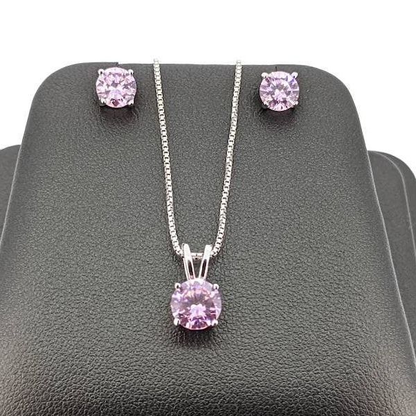 Pink Cubic Zirconia Necklace and Earring Set 925 Sterling Silver Necklace and Studs Gift for Her Anniversary Gift Bridesmaids Gift