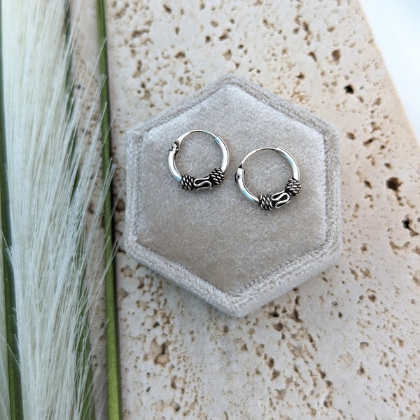 Bali Hoops Earrings. 925 Sterling Silver Hoops for Women, Men. 13mm Small Endless Hoops. Tribal Earrings. Gift for Her.