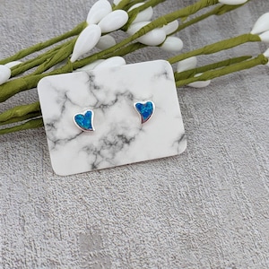 Blue Opal Heart Studs 925 Sterling Silver Earrings Minimalist Jewelry 6mm