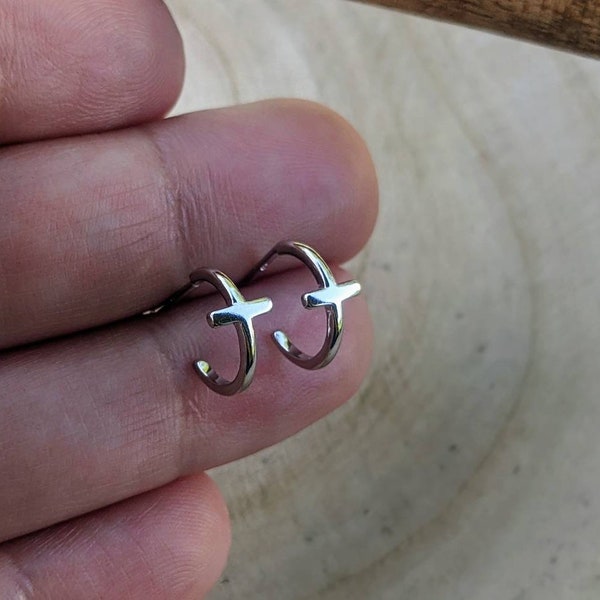 Cross Hoop Earrings. Sterling Silver Minimalist Earrings. Modern Earrings. Silver Hoop Studs. Small Cross Earrings. Mother's Day Gift