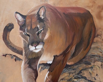 Cougar Wildlife Art - 24' x 32" Mixed Media Painting; "Cougar"