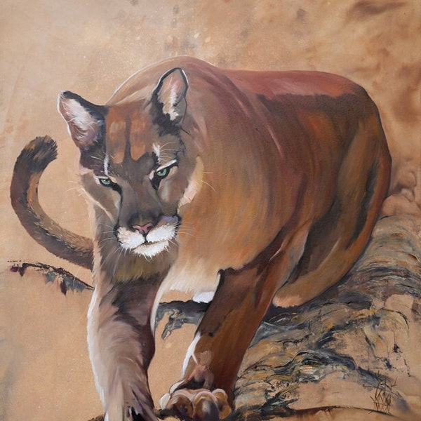Cougar Wildlife Art - 24' x 32" Mixed Media schilderij; "Cougar"