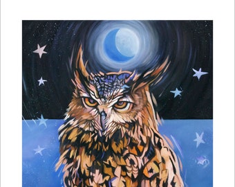 Whimsical Owl Artwork - "Blue Moon Owl" - Collectible Wildlife Art Owl Print