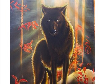 Impressão artística de lobo negro: "Magia Negra" por Sandi Baker