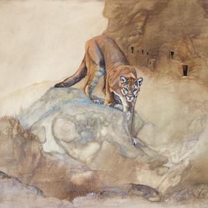 Mountain Lion Painting: Wildlife Landscape Art, Framed Oil on Wood