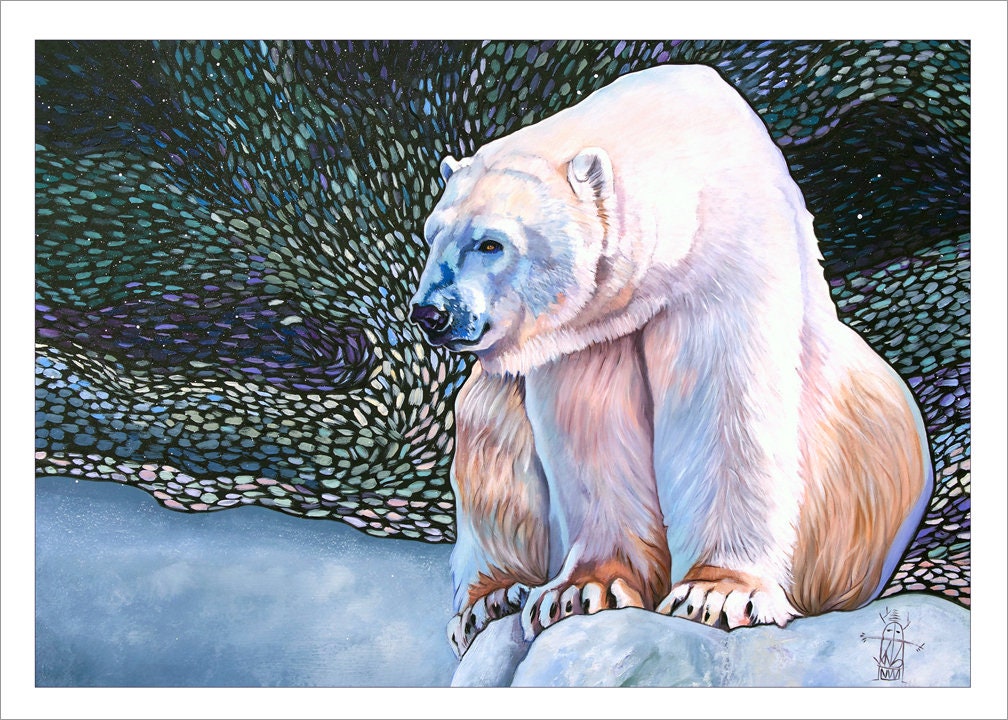 5x7 Note Card Set / Polar Bear Art - "Beary Northern Lights" - (4) Note Cards Included