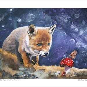 Fox & Butterfly Art Print - Little Fox finds a Friend - Collectible Fox Wildlife Art Reproduction