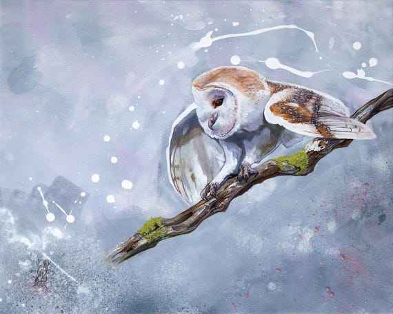 オリジナルフクロウの絵画 - 雨が降るとき - 16 x 20インチ キャンバス