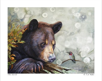 Collectible Bear & Hummingbird Artwork - "The Secret" - Wildlife Art Reproduction