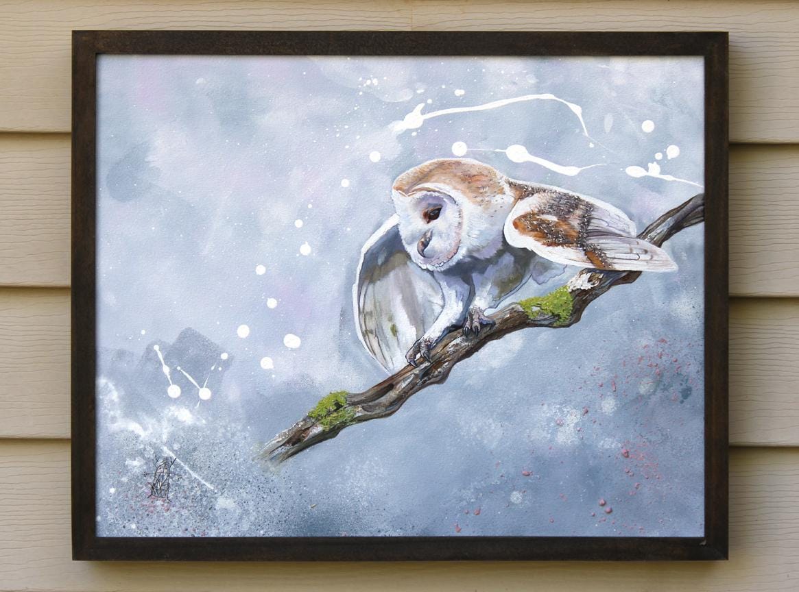 オリジナルフクロウ絵画 - 雨が降るとき - キャンバスに描かれた16 x