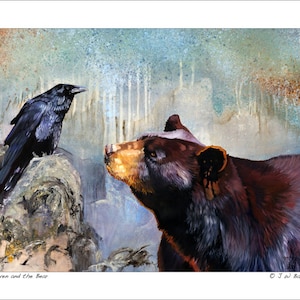 Impresión de ilustración artística de vida silvestre de cuervo y oso