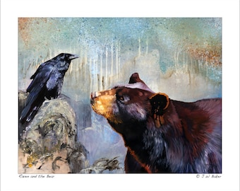 Raven and Bear Wildlife Art Illustration Print