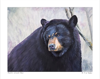 Stampa artistica dell'orso nero - Orso dei boschi mistici - Riproduzione di un'opera d'arte naturalistica