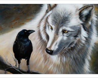 Wolf and Raven 5x7 Note Card Set - &quot;Friends&quot; - (4) Note Cards Included