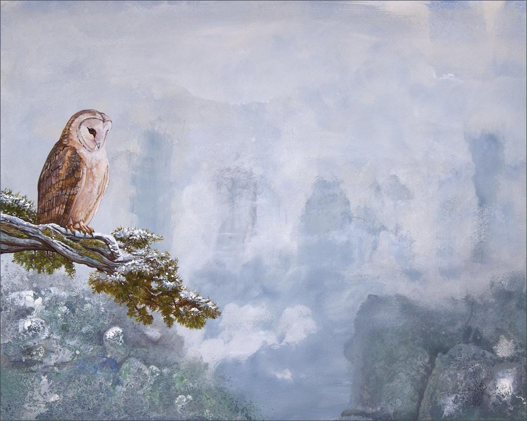 Owl overlooking misty floating mountains landscape - 20x24 original painting